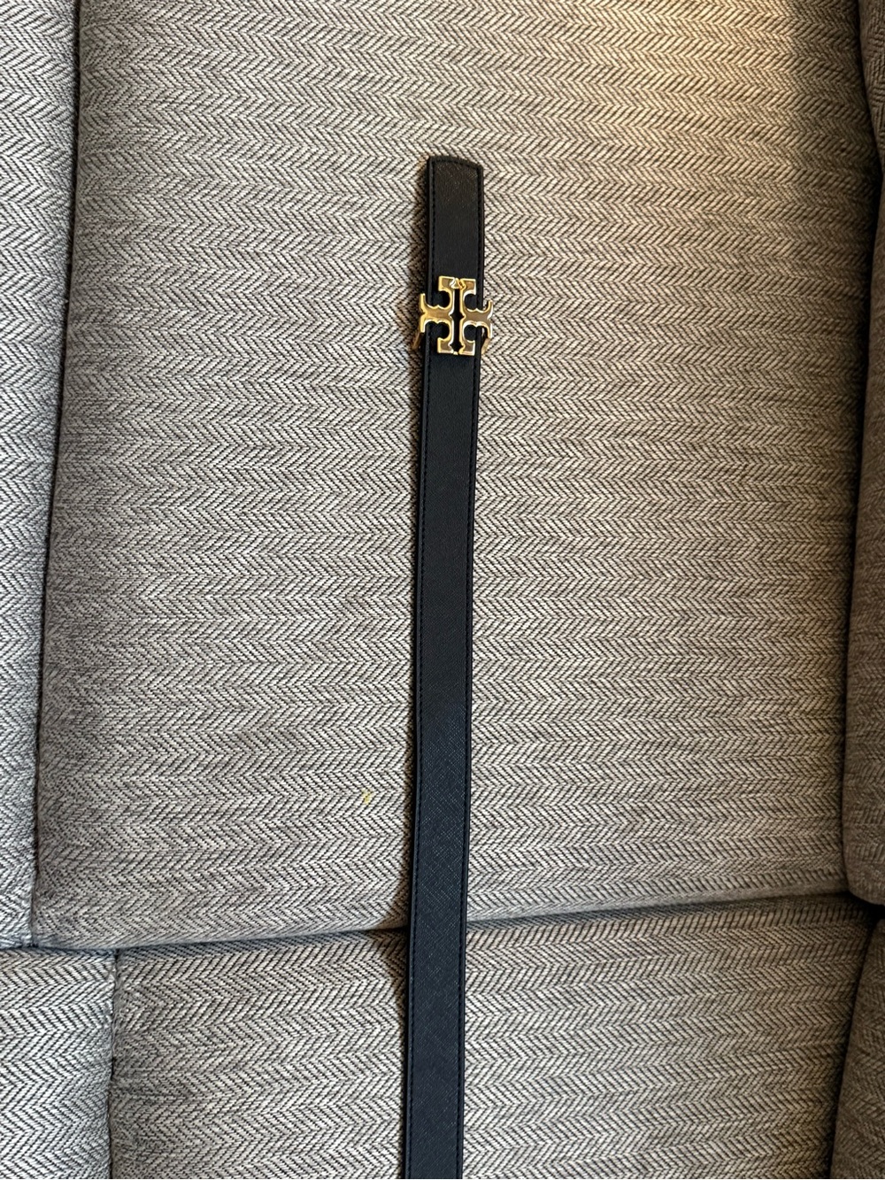 Tory Burch Black Leather Belt with Gold Double-T Logo